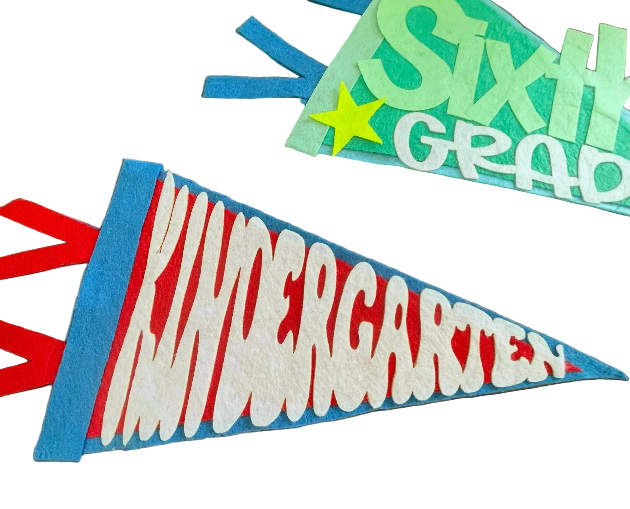 Colorful felt pennants with grade level