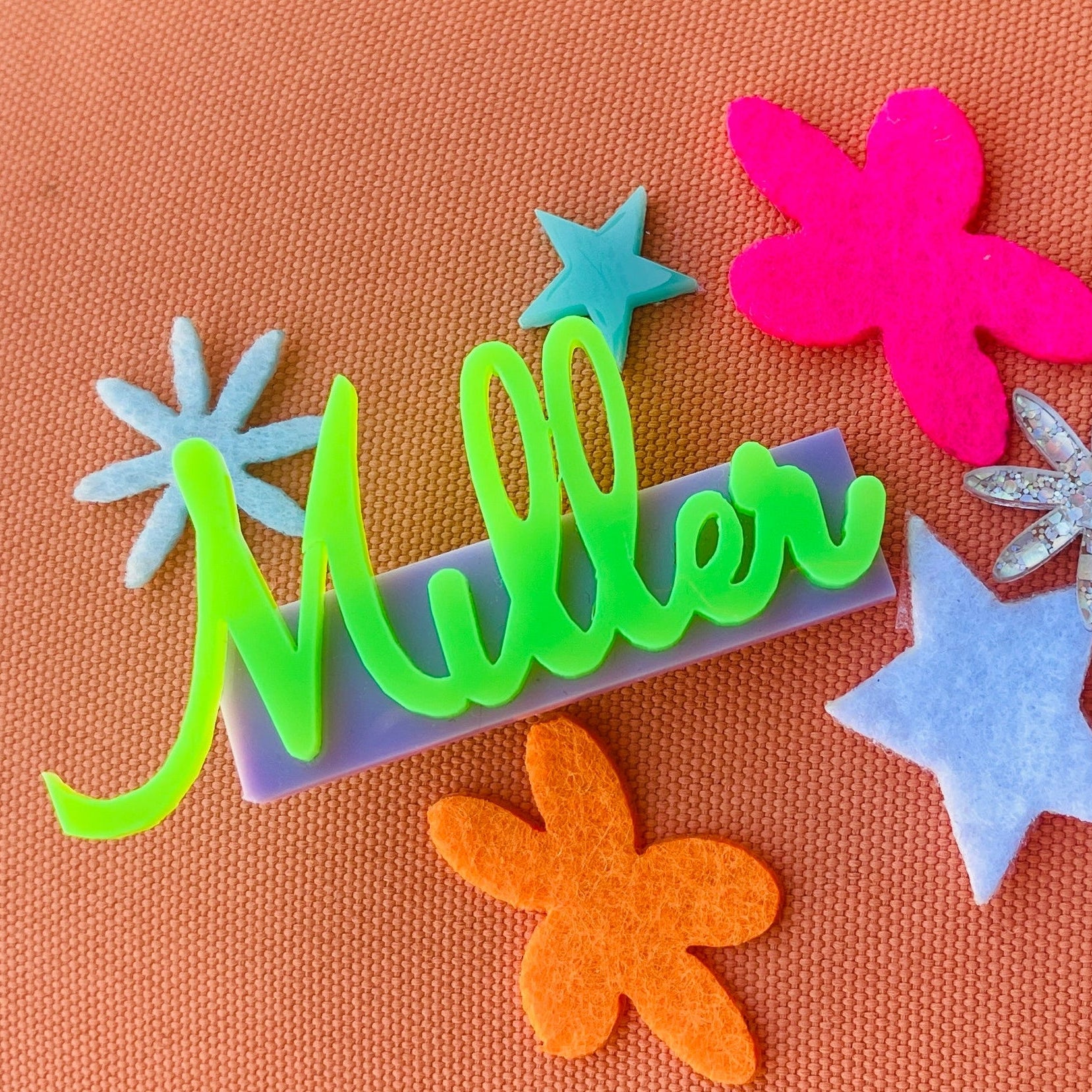 acrylic script barrette